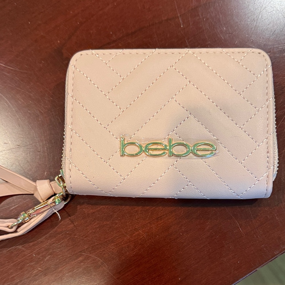 bebe Quilted Light Pink Zip Wallet with Gold Logo
